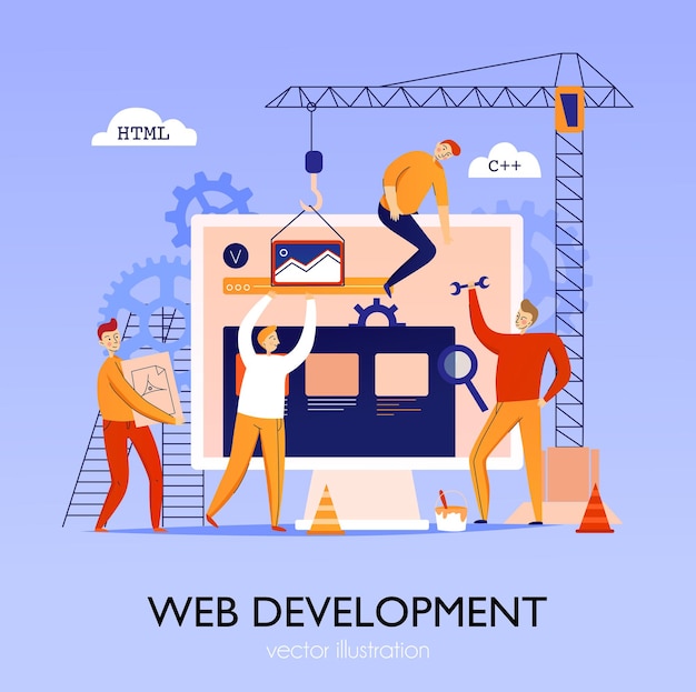 Programmer composition and concept of people building website illustration