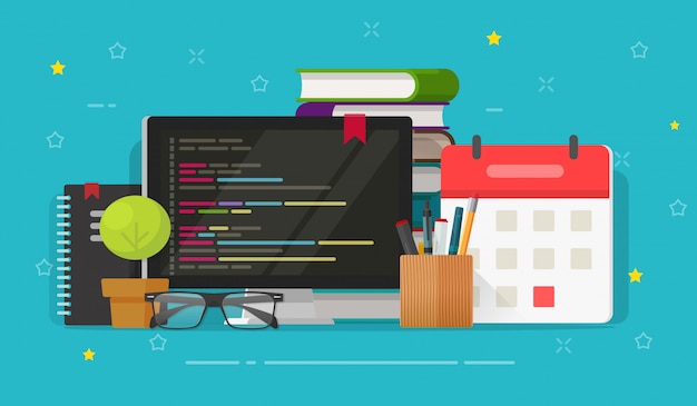 Programmer desktop and computer screen with php or html script coding  illustration flat cartoon