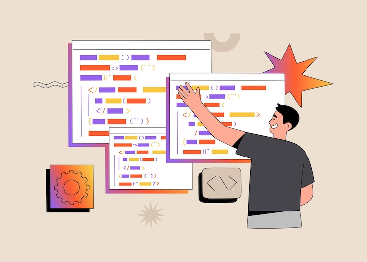 Vector programmer developer writes codes on special language on computer. software, script coding, web engineering. hand drawn vector illustration isolated on light background. modern flat cartoon style.