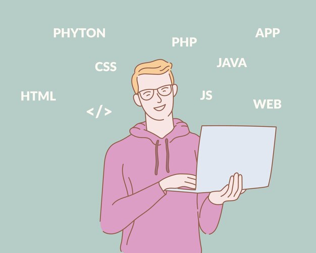 Programmer holding laptop with some programming language text with outline or line and clean simple people style