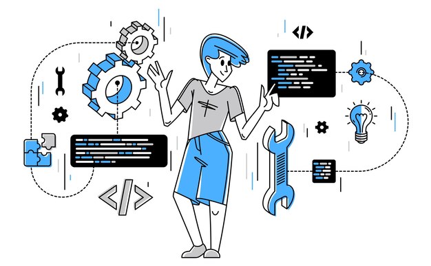 Programmer is coding and repairing some machine system vector outline illustration computer engineer doing his job sysadmin and coder