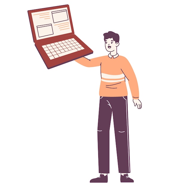 Programmer IT engineer holding huge laptop flat vector illustration on white background
