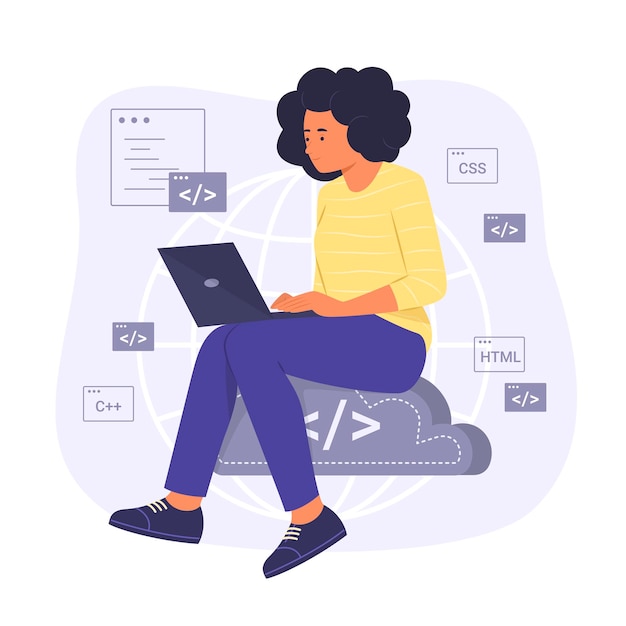 Programmer Sitting on Cloud Computing Symbol and Process Coding for Software Development Concept