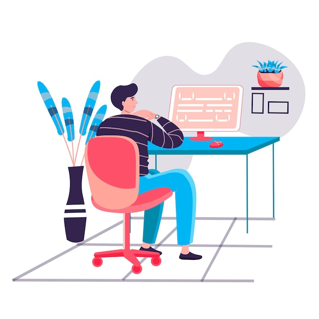 Programmer working at office concept. Man coding code, creating and testing scripts. Software and programs development character scene. Vector illustration in flat design with people activities