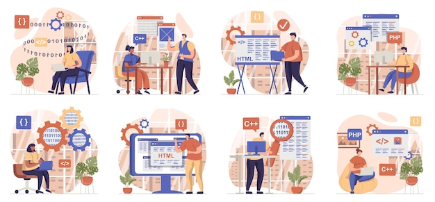 programmer working collection of scenes isolated people create programs configure