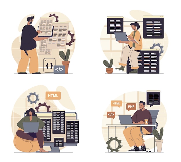 Programmer working concept scenes set in flat web design People in situations of programming and coding at screenengineering creating software and making product optimization Vector illustrations