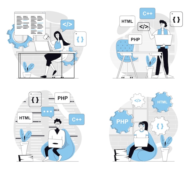 Programmer working concept set in flat design for web Collection with people coding at screens programming at different computer languages creating applications and sites Vector illustrations