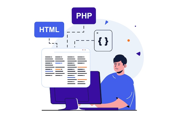 Programmer working modern flat concept for web banner design Man programs code in html