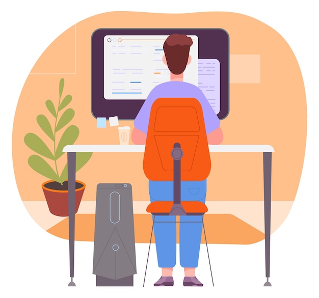 Programmer workplace back view Man working on computer