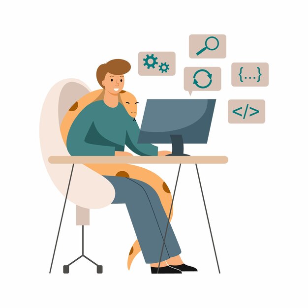Programmer works at computer Desktop Python programming Freelance and remote work