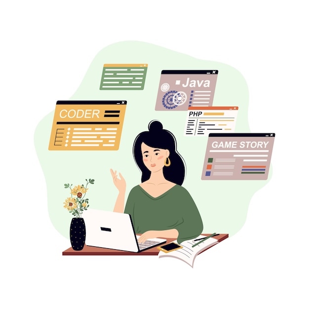 Programmer write software and create code concept of script coding and programming in php python
