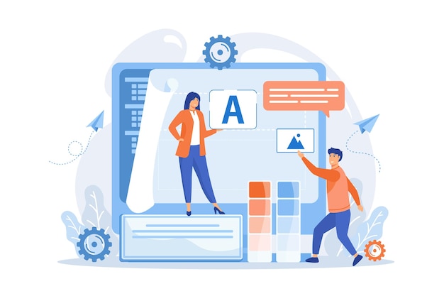 Programmers at computer using low code platform on computer, tiny people. Low code development,