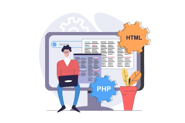 Programmers concept in modern flat design for web Man developer working with code at laptop and computer screen creating programs engineering software and new products Vector illustration
