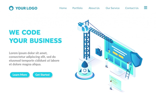 programming and coding isometric landing page template