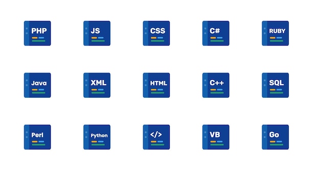 programming coding code editor software application development icon set collection blue vector