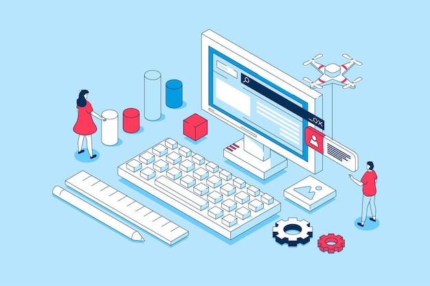 Programming concept in 3d isometric design People working with code or script creating software prototyping and making optimization programs Vector illustration with isometry scene for web graphic