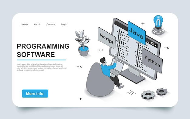 Programming concept in 3d isometric landing page outline design Developer works with code coding