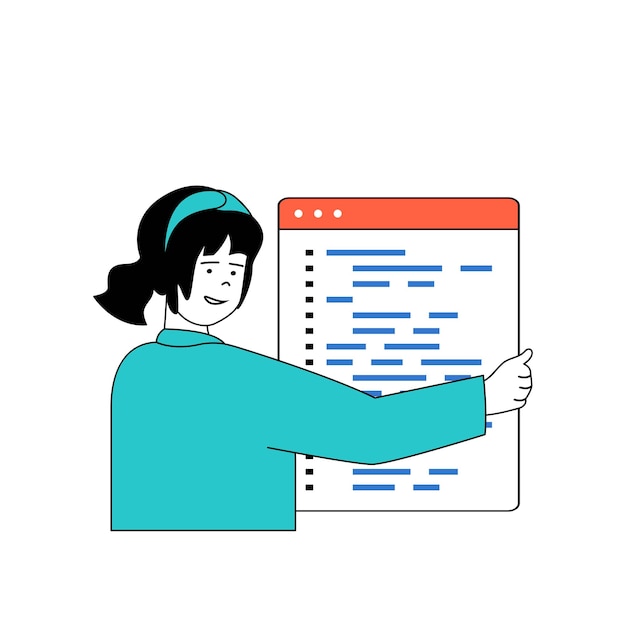 programming concept with cartoon people in flat design for web woman coding and engineering apps testing and fixing product code vector illustration for social media banner marketing material