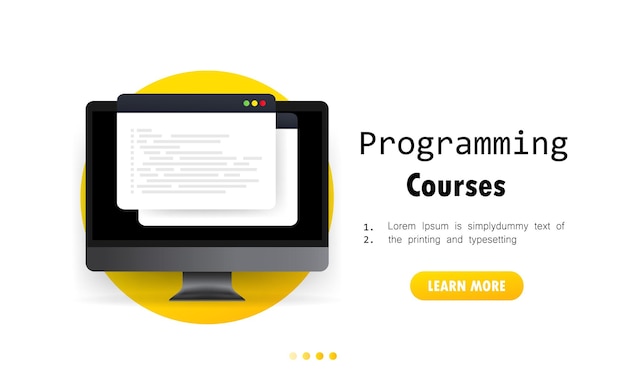 Programming courses illustration. Learning coding on computer. Cyber education course concept. Studying creating program software. Vector on isolated white background. EPS 10.