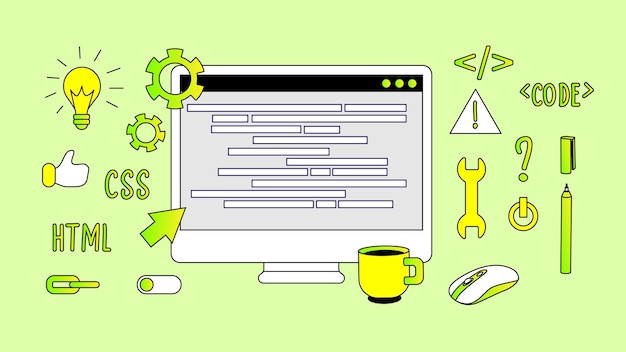 programming elements set modern vector illustration of computer and developing software