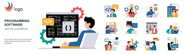 Programming software concept with character situations collection Bundle of scenes people write test and optimize code work with different program languages Vector illustrations in flat web design