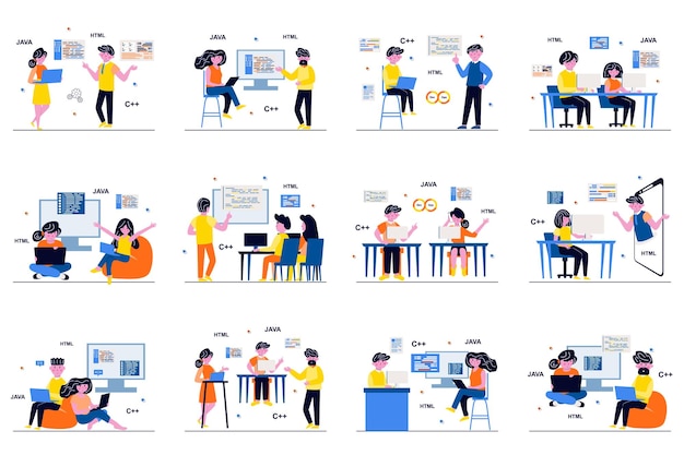Programming software concept with tiny people scenes set in flat design Bundle of men and women developers working on projects testing coding and software engineering Vector illustration for web