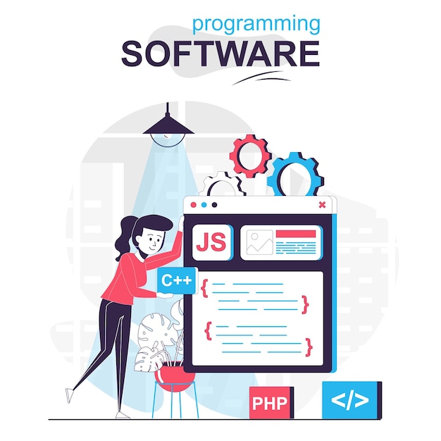 Programming software isolated cartoon concept Programmer works on code programs