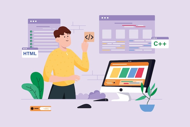 Programming software violet background concept with people scene in the flat cartoon design Programmer works on creating software for different servers Vector illustration
