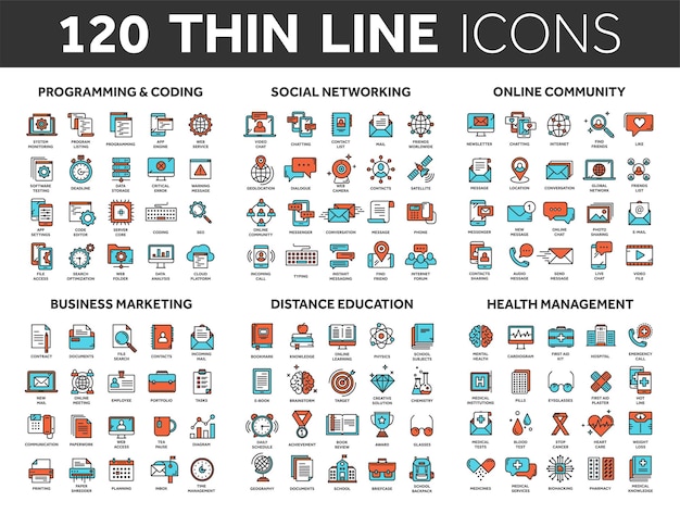 Programmingcoding Data management Social network computing Information Internet connection Business marketing School and education Medicine Thin line blue and red icons set with stroke