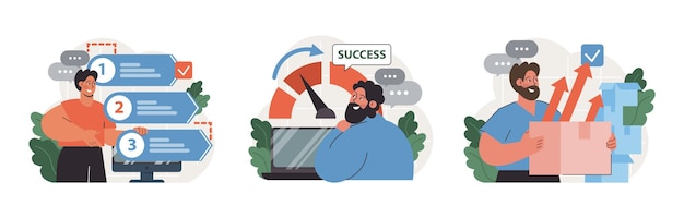 Progress set work optimization and efficiency character moving towards the goal target and success