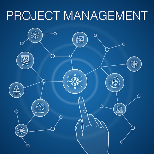 project management concept, blue background. project presentation, meeting, workflow, risk management   icons