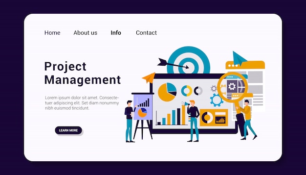 project management landing page template with business human group concept, flat design.  