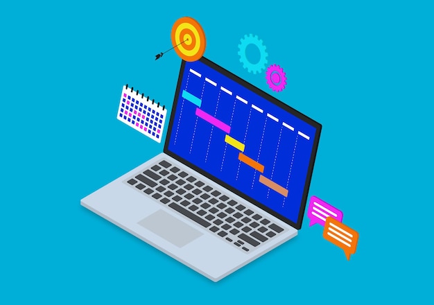project management software with laptop calendar bubble chat gear and dart target isometric
