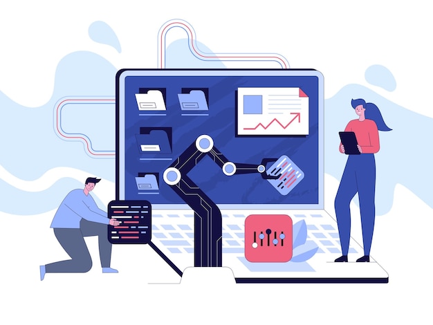 Project team of engineers development program software Woman manager control work process man developer holds part of code robotic hand are coding on huge screen Vector character illustration