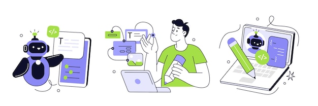 Prompt engineering set Character working with generative AI model tools Artificial intelligence in business concept Vector illustration