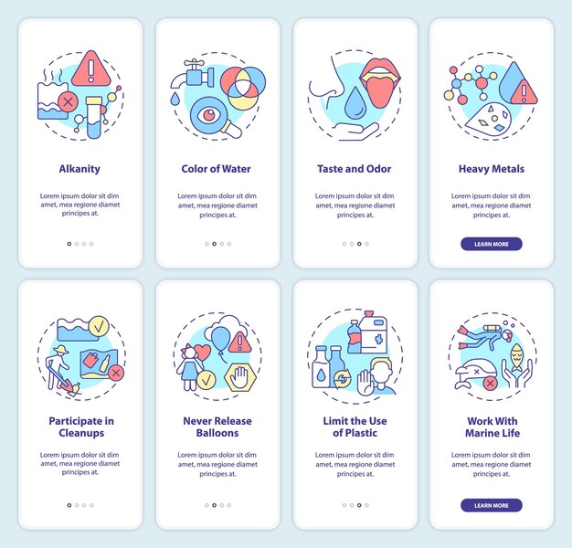 Protecting water quality onboarding mobile app screen set Indicators walkthrough 4 steps graphic instructions pages with linear concepts UI UX GUI template Myriad ProBold Regular fonts used