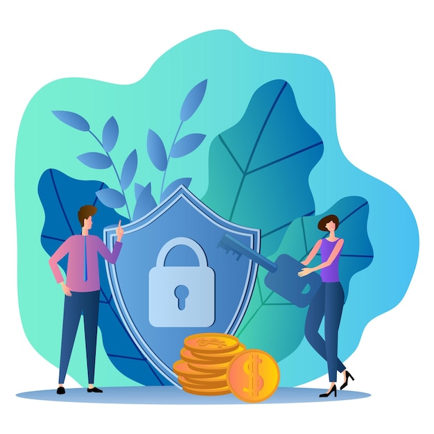 Protection of Bank depositsPeople stand near the shield with the emblem of protection