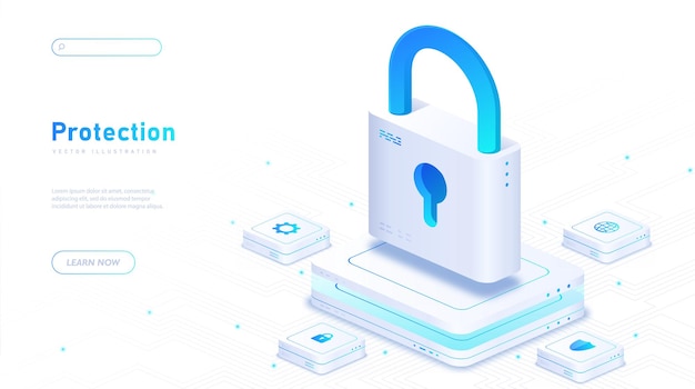 protection of data white poster padlock at computer chip safety and security on internet landing