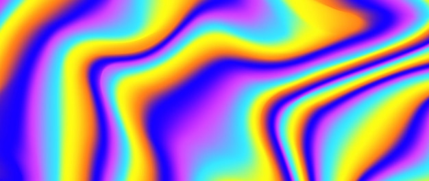 Psychedelic iridescent background Bright neon holographic wallpaper Purple blue yellow wavy fluid
