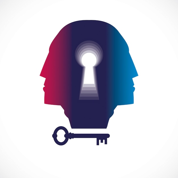 Psychology and mental health concept, created with double man head profile and keyhole, psychoanalysis as a key to human nature, individuality and archetype shadow. Vector logo or icon design.