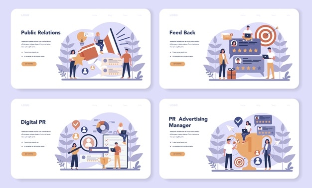 public relations web landing page set. idea of making announcements through mass media to advertise your business. management and marketing strategy. flat vector illustration