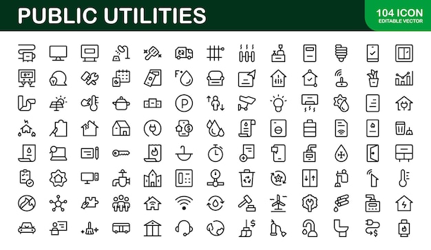 Public Utilities Icon Pack Clean Editable Line Icons for Energy Water Supply Waste Management and Urban Infrastructure