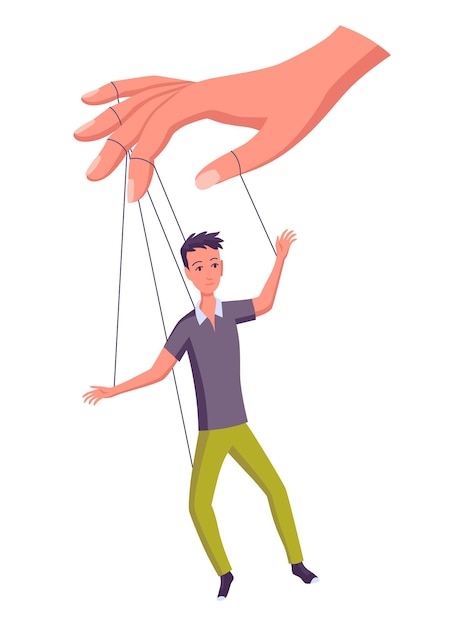 Puppeteer hand controlling puppet Business man or worker being controlled by puppet master Manipulates man like puppet Employer domination exploitation or authority manipulator