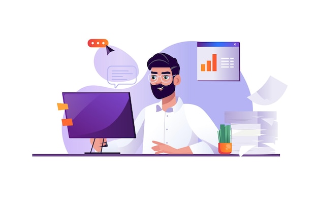 purple concept work flow with people scene in the flat cartoon design office worker works