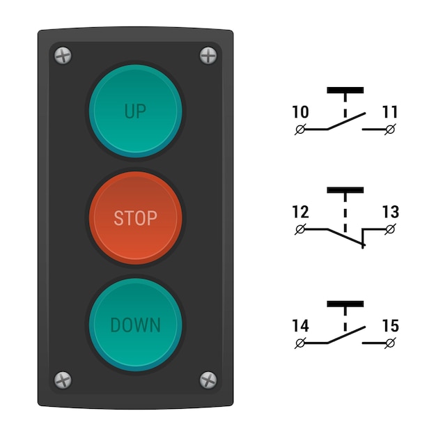 Push button control station switch with three buttons and circuit wiring diagram