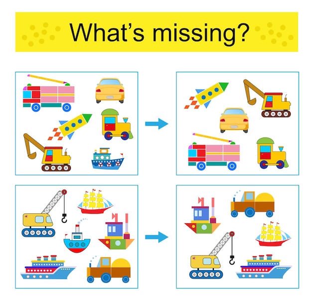 Puzzle game for kids Task for the development of attention and logic Find the missing transport