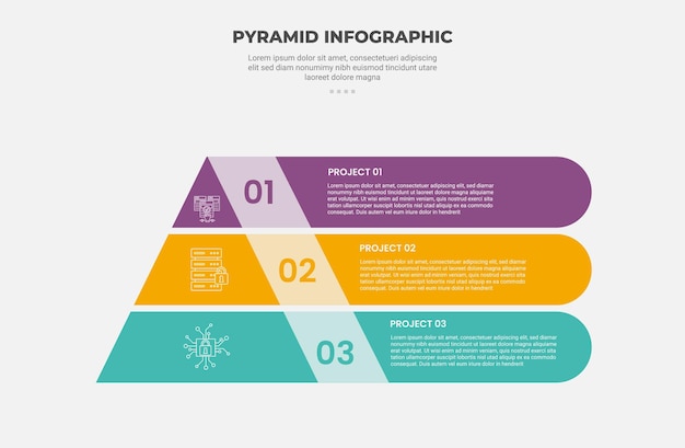 pyramid or triangle shape infographic outline style with 3 point template with creative pyramid with long rectangle box container unite for slide presentation
