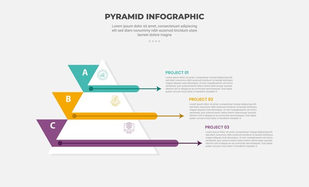 pyramid or triangle shape infographic outline style with 3 point template with creative triangle badge on side with long arrow through for slide presentation