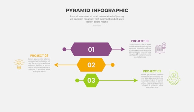pyramid or triangle shape infographic outline style with 3 point template with reverse pyramid shape with hexagon shape stacked for slide presentation