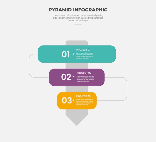 pyramid or triangle shape infographic outline style with 3 point template with reverse pyramid structure on big bold arrow for slide presentation